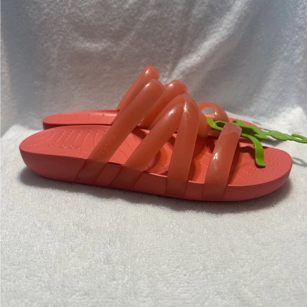 CROCS Coral Pink Women’s US 7 Strappy Slide Sandals Glossy Jelly Spring Beach - Picture 2 of 5